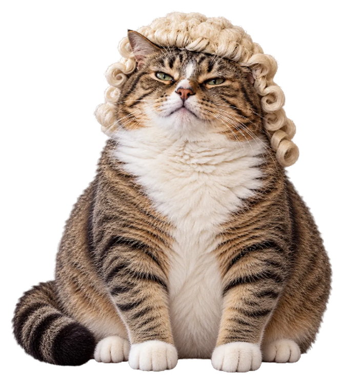 Justice Cat, a stout tabby in a white curled judge's wig, sitting upright and unimpressed