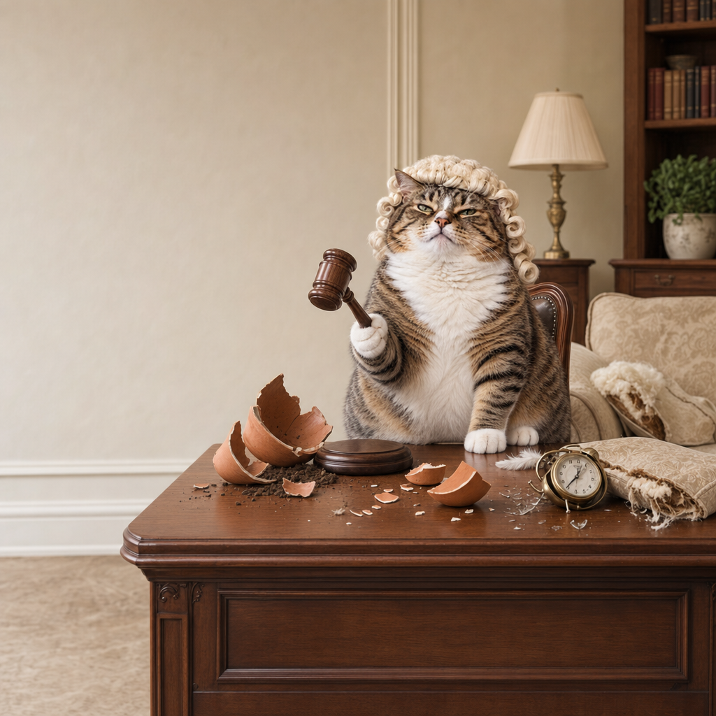 Justice Cat behind a walnut desk raising a gavel, beside a shattered terracotta pot, spilled soil, a torn cushion and a toppled alarm clock